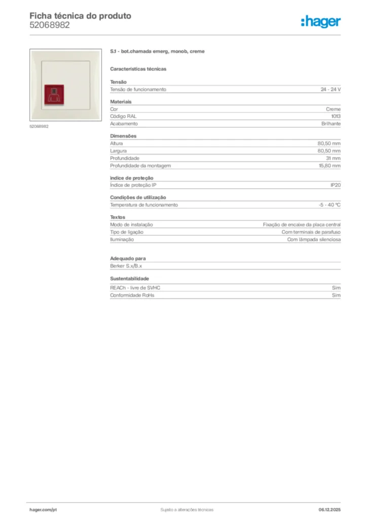 Imagem Hager Ficha técnica do produto 52068982 | Hager Portugal