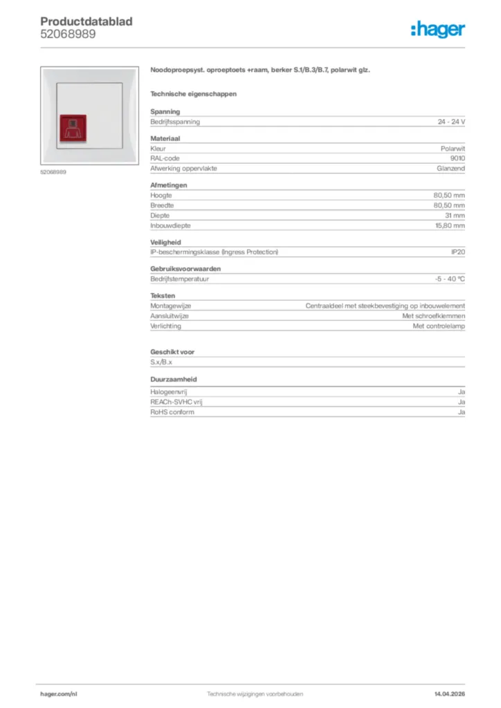 Afbeelding Hager Productdatablad 52068989 | Hager Nederland