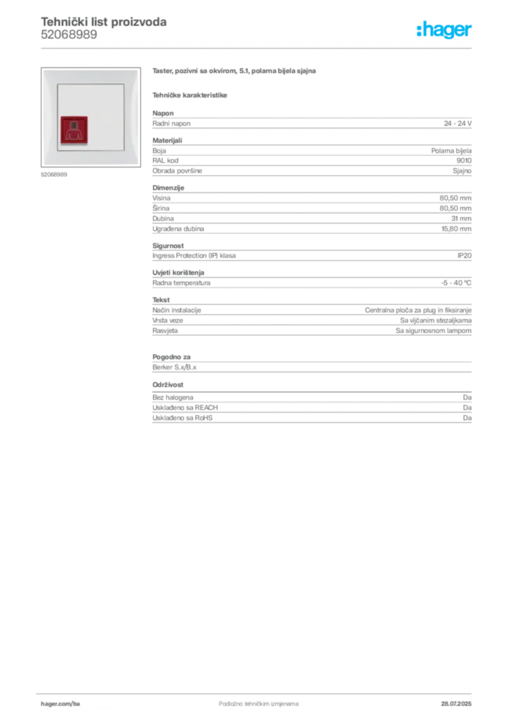 Slika Hager Product data sheet 52068989  | Hager