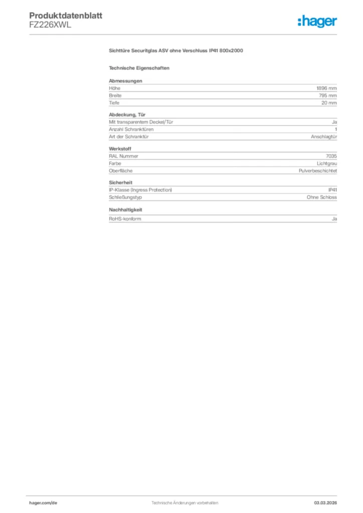 Bild Hager Produktdatenblatt FZ226XWL | Hager Deutschland