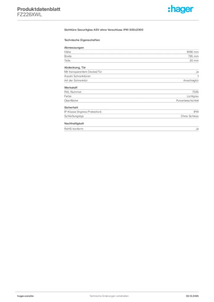 Bild Hager Produktdatenblatt FZ226XWL | Hager Deutschland