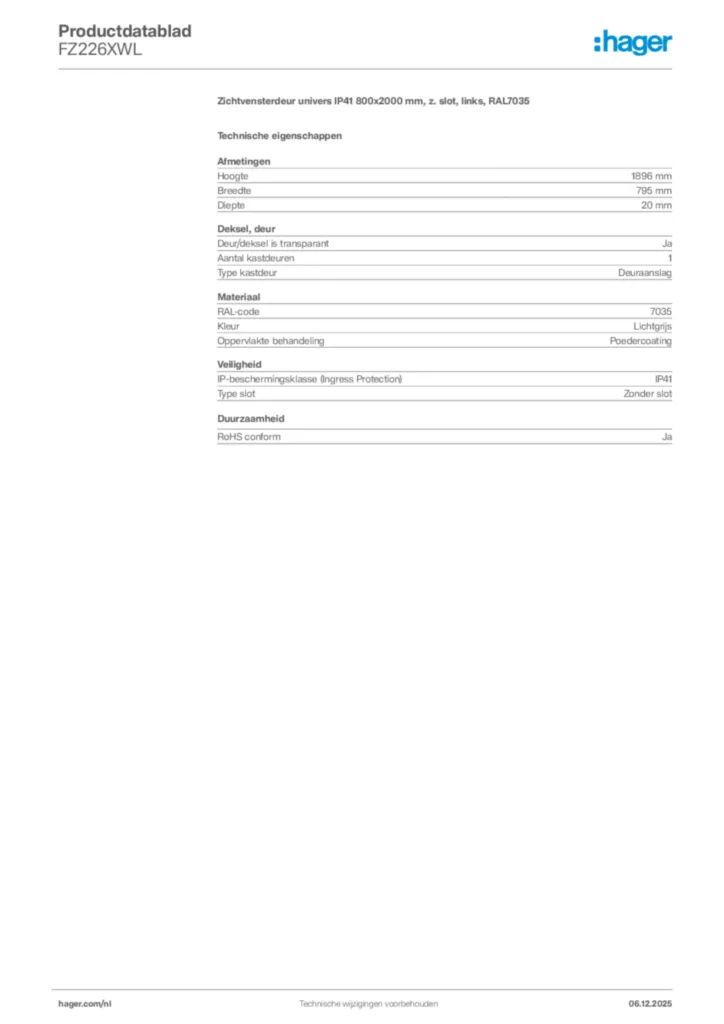 Afbeelding Hager Productdatablad FZ226XWL | Hager Nederland