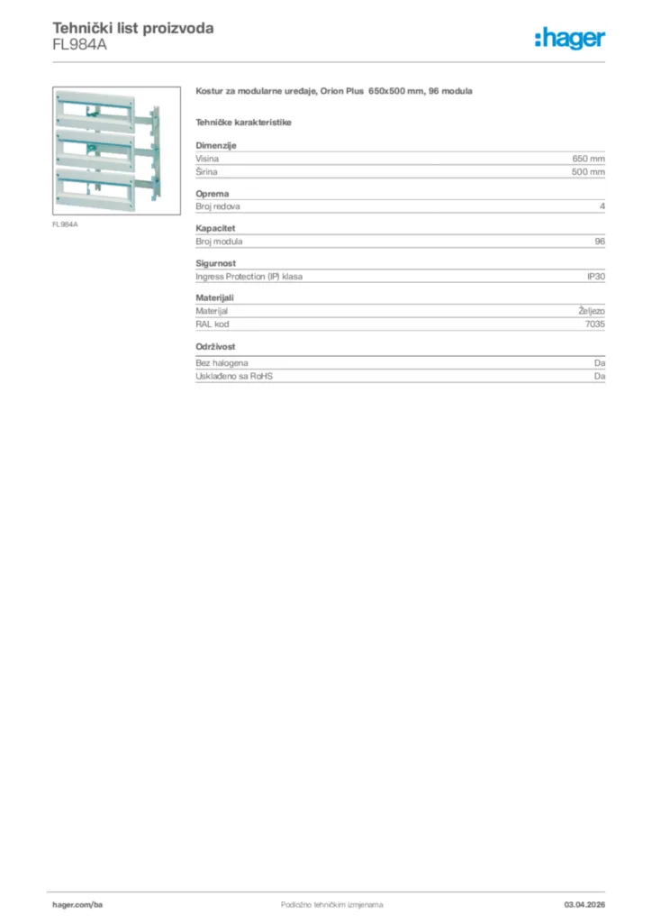 Slika Hager Tehnički list proizvoda FL984A  | Hager