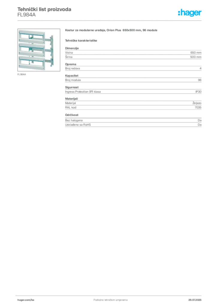 Slika Hager Product data sheet FL984A  | Hager