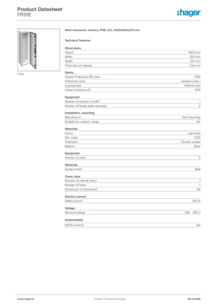 Image Hager Product data sheet FR91E  | Hager