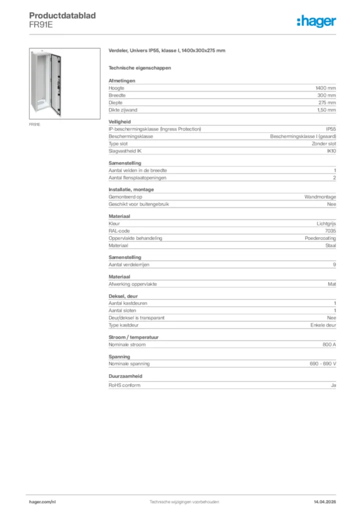 Afbeelding Hager Productdatablad FR91E | Hager Nederland