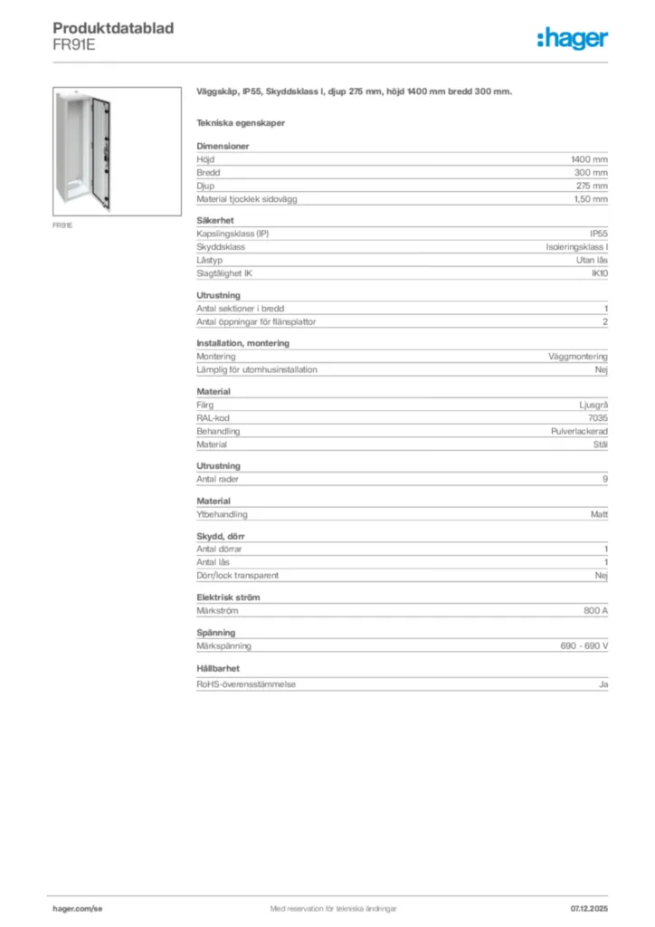 Bild Hager Produktdatablad FR91E | Hager Sverige