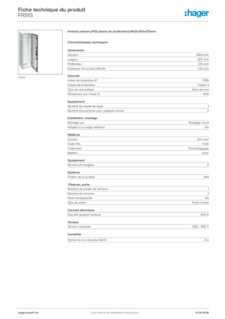 Image Hager Fiche technique du produit FR91S | Hager Belgique