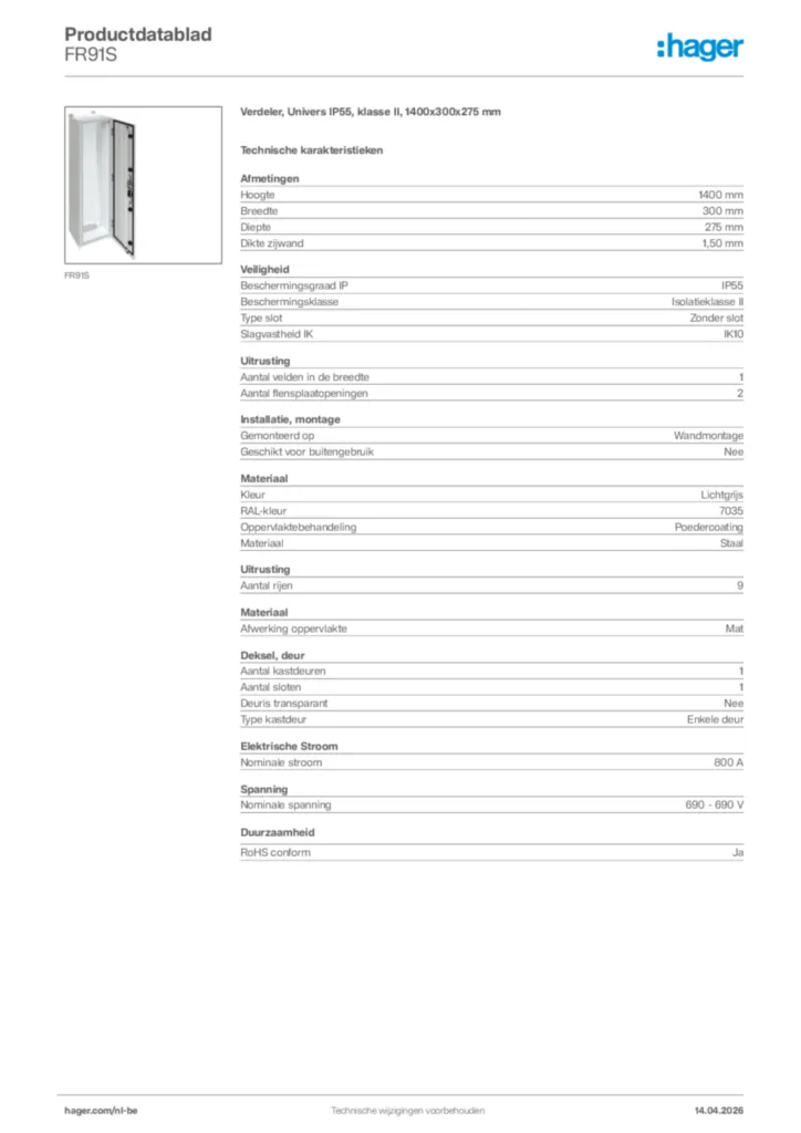 Afbeelding Hager Productdatablad FR91S | Hager Belgium