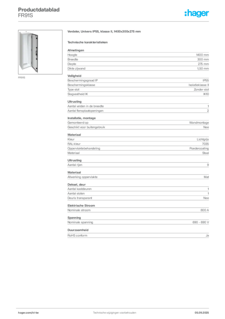 Afbeelding Hager Productdatablad FR91S | Hager Belgium