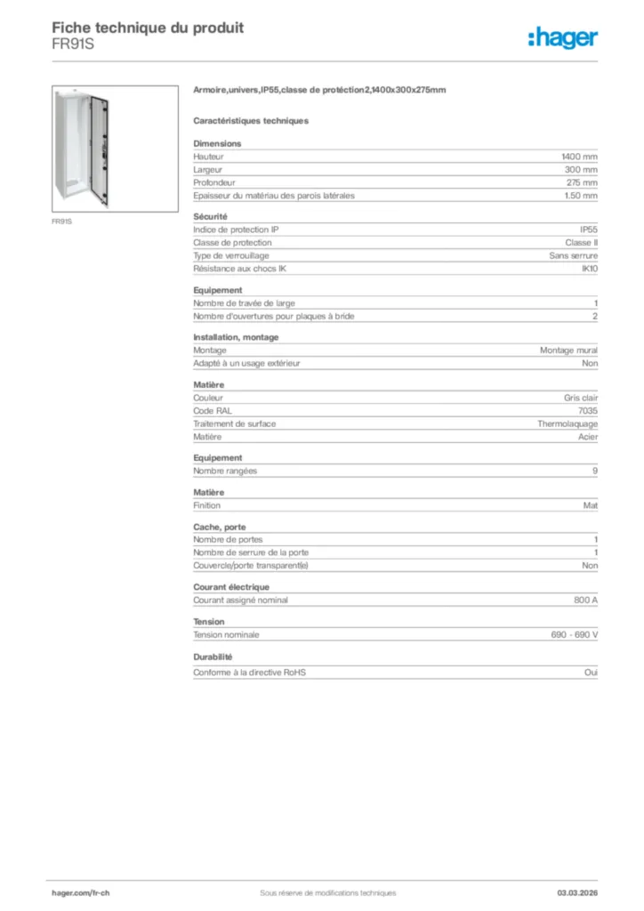 Image Hager Fiche technique du produit FR91S | Hager Suisse