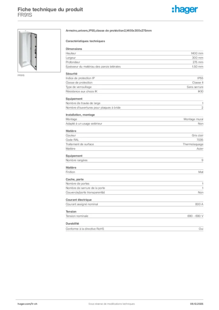 Image Hager Fiche technique du produit FR91S | Hager Suisse