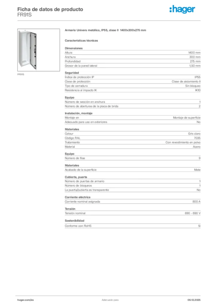 Imagen Hager Ficha de datos de producto FR91S | Hager España