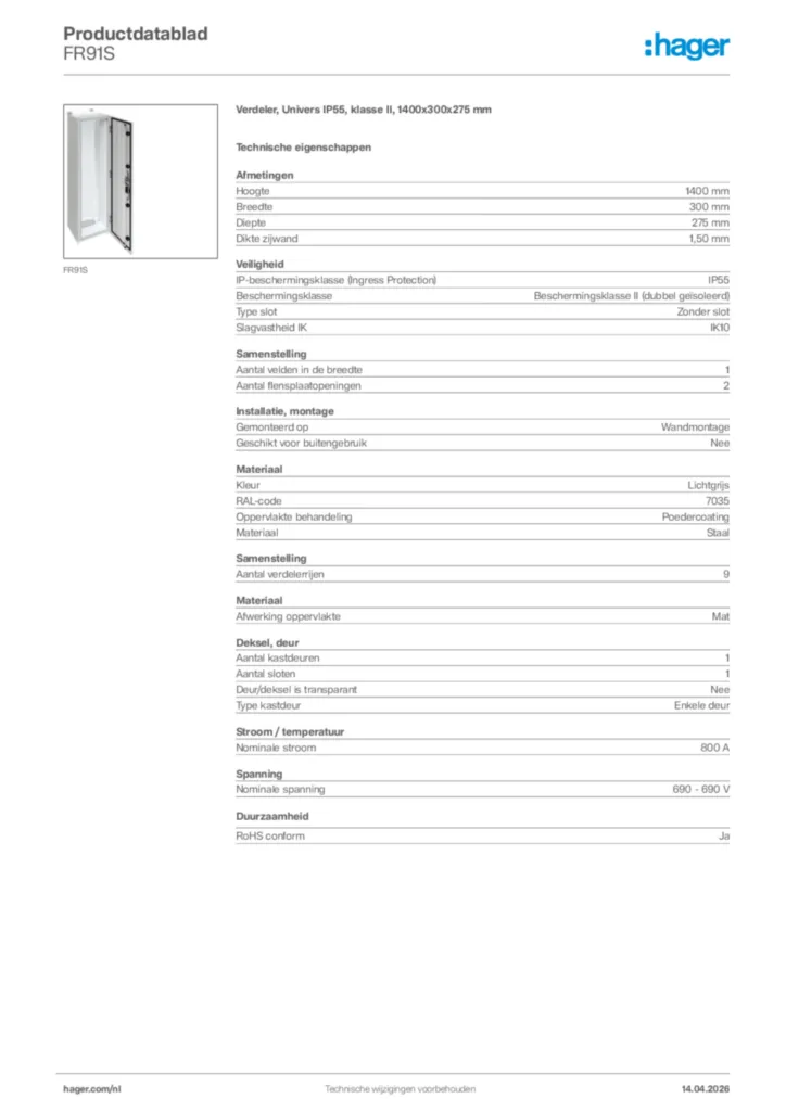 Afbeelding Hager Productdatablad FR91S | Hager Nederland