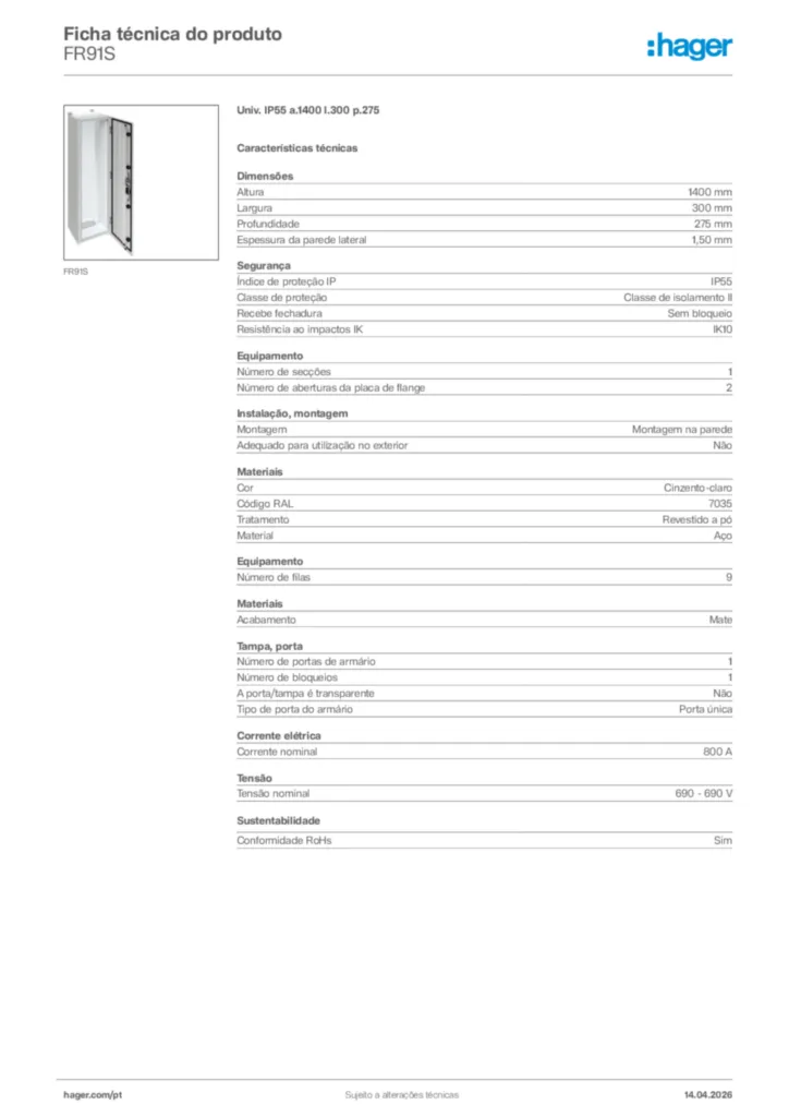 Imagem Hager Ficha técnica do produto FR91S | Hager Portugal