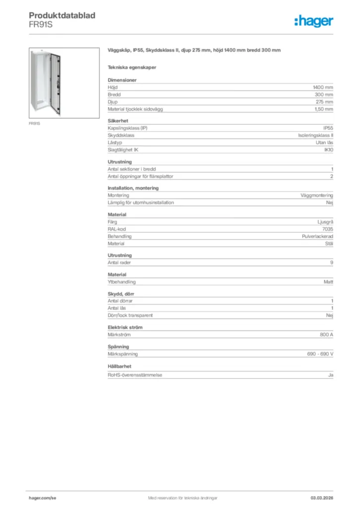 Bild Hager Produktdatablad FR91S | Hager Sverige
