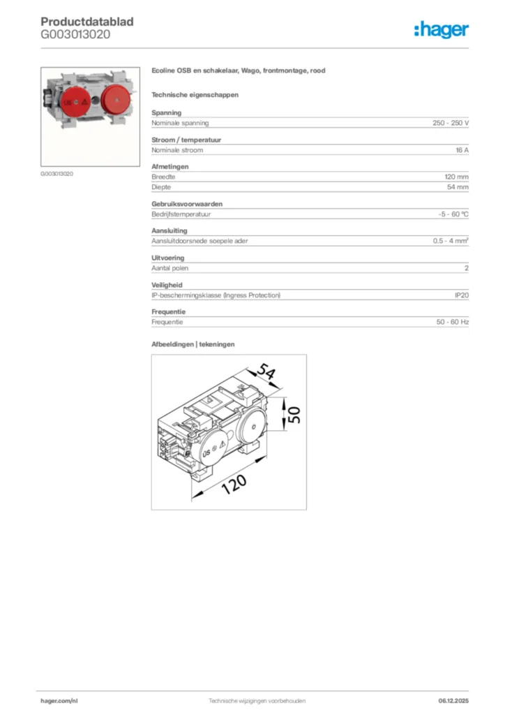 Afbeelding Hager Productdatablad G003013020 | Hager Nederland