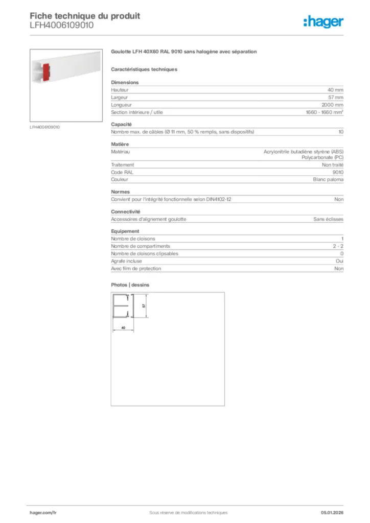 Image Hager Fiche technique du produit LFH4006109010 | Hager France