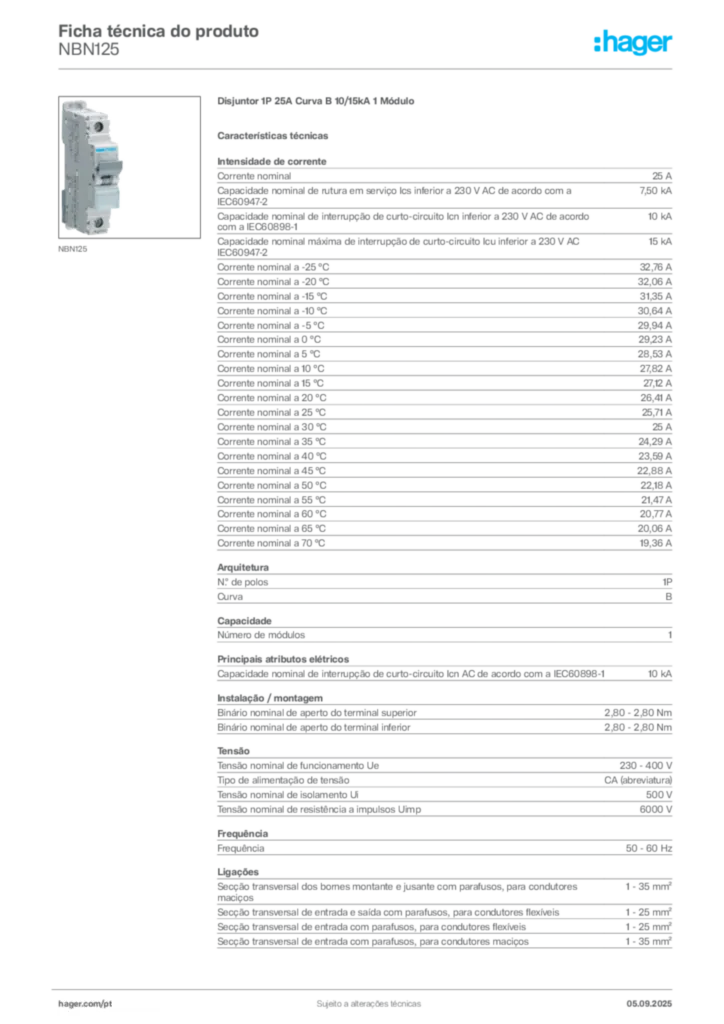 Imagem Hager Ficha técnica do produto NBN125 | Hager Portugal