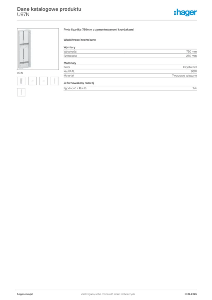 Zdjęcie Hager Karta katalogowa U97N | Hager Polska