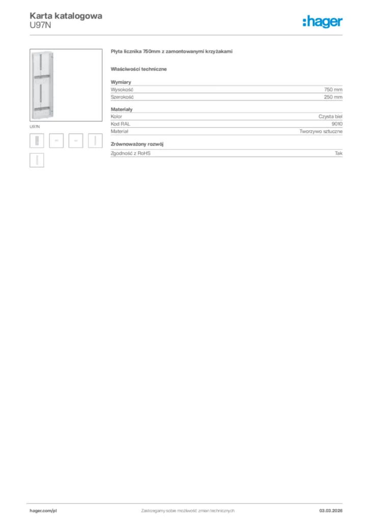Zdjęcie Hager Karta katalogowa U97N | Hager Polska