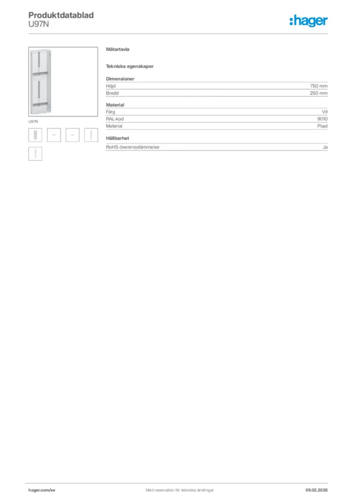 Bild Hager Produktdatablad U97N | Hager Sverige