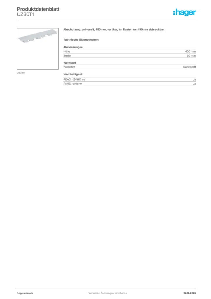 Bild Hager Produktdatenblatt UZ30T1 | Hager Deutschland