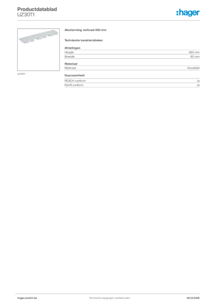 Afbeelding Hager Productdatablad UZ30T1 | Hager Belgium