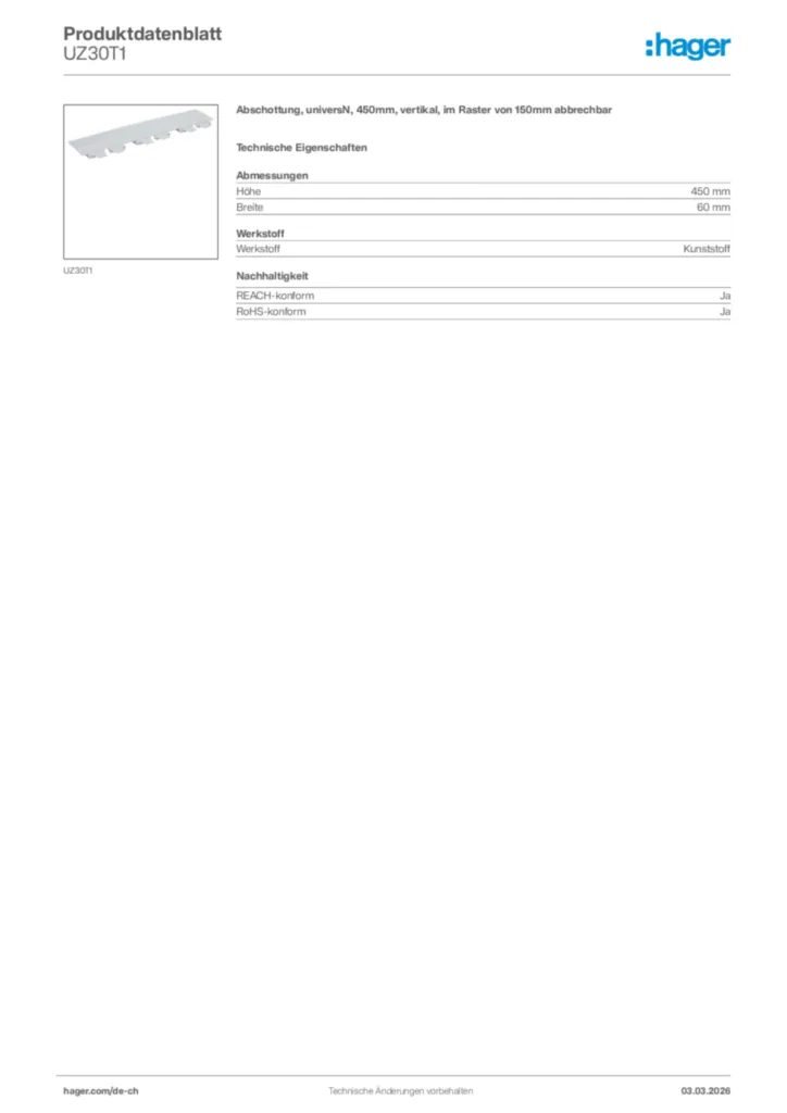 Bild Hager Produktdatenblatt UZ30T1 | Hager Schweiz