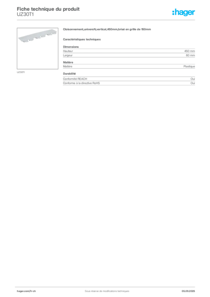 Image Hager Fiche technique du produit UZ30T1 | Hager Suisse