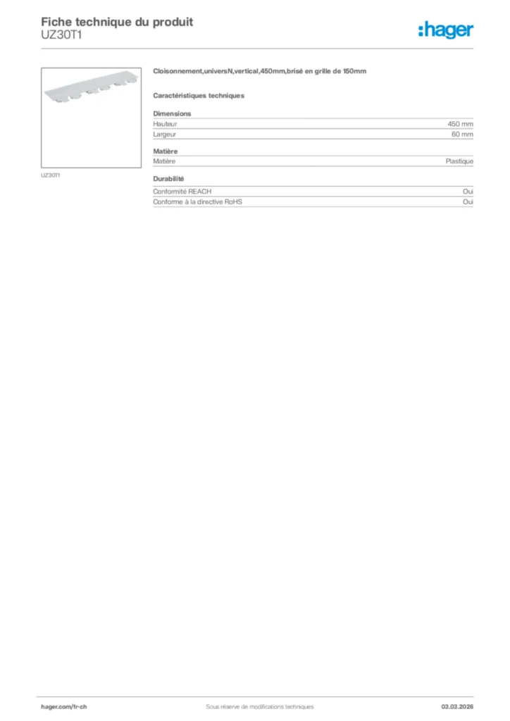 Image Hager Fiche technique du produit UZ30T1 | Hager Suisse