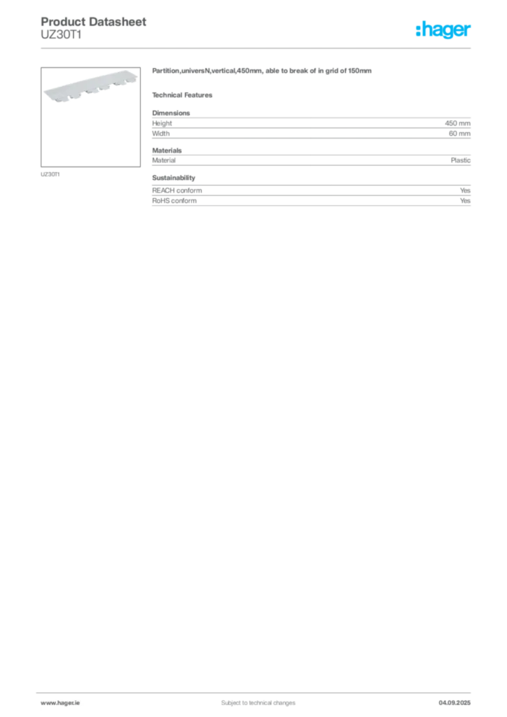 Image Hager Product data sheet UZ30T1  | Hager