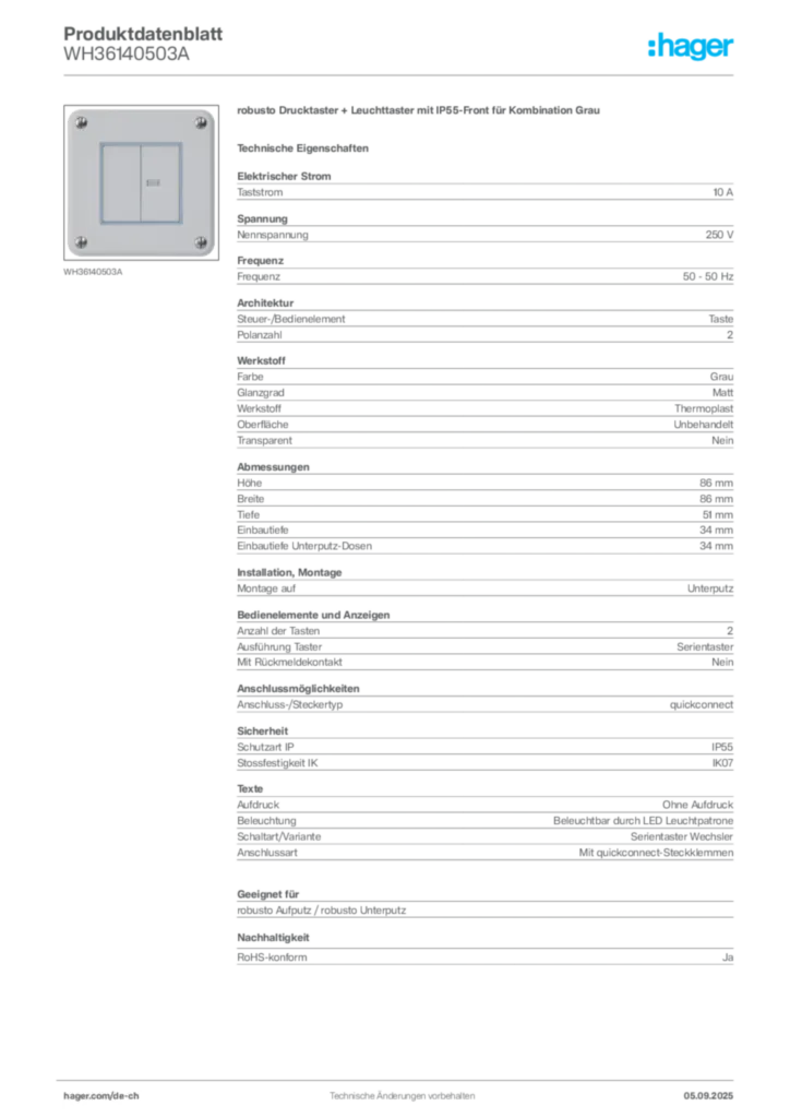 Bild Hager Produktdatenblatt WH36140503A | Hager Schweiz