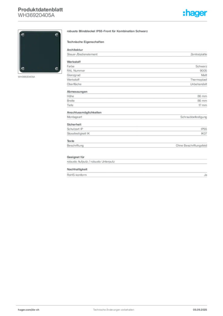 Bild Hager Produktdatenblatt WH36920405A | Hager Schweiz