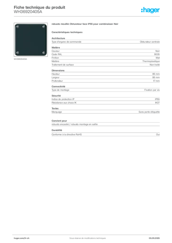 Image Hager Fiche technique du produit WH36920405A | Hager Suisse