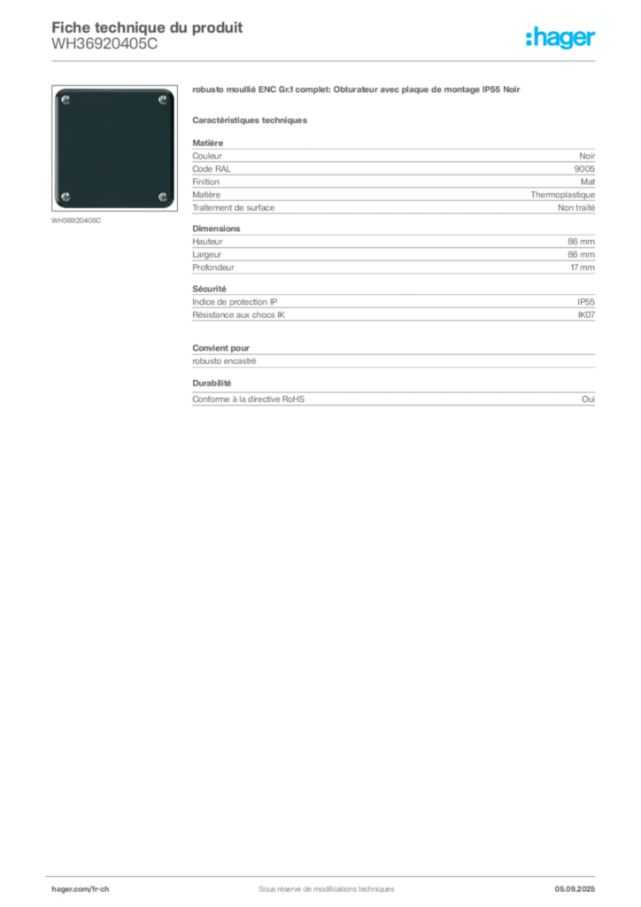 Image Hager Fiche technique du produit WH36920405C | Hager Suisse