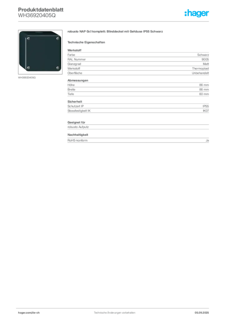 Bild Hager Produktdatenblatt WH36920405Q | Hager Schweiz