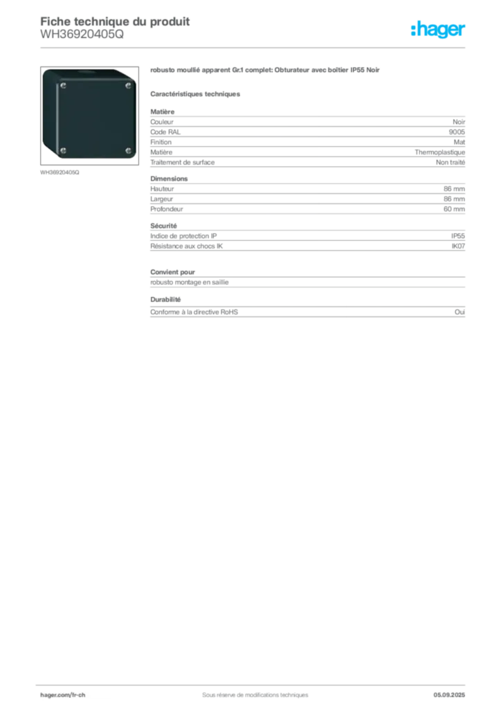 Image Hager Fiche technique du produit WH36920405Q | Hager Suisse