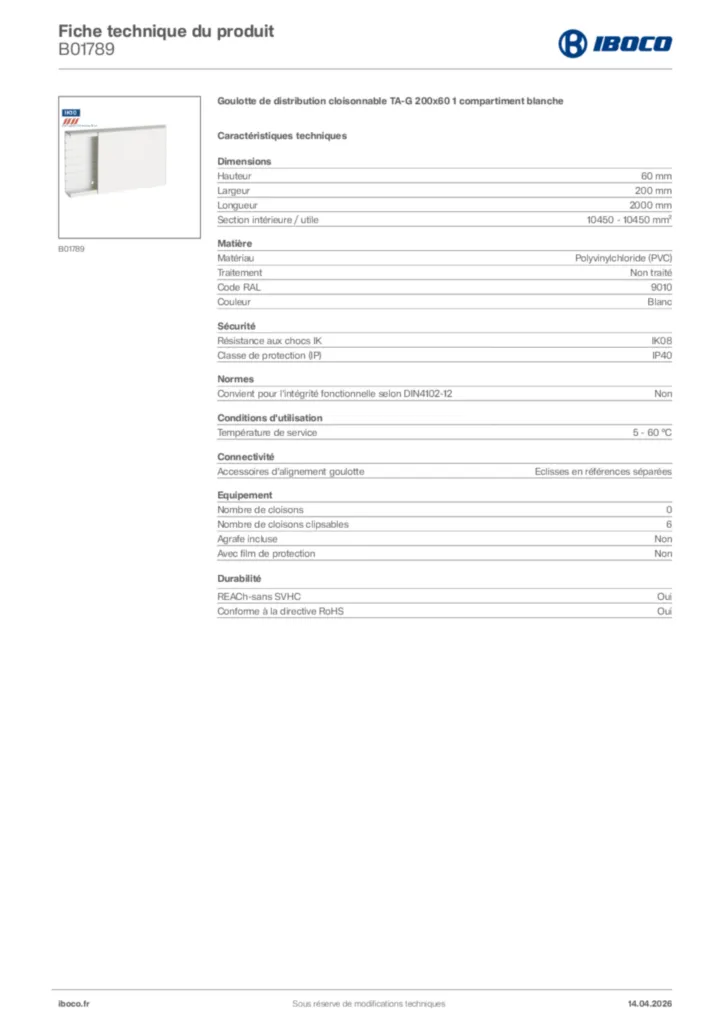 Image Iboco Fiche technique du produit B01789 | Hager France
