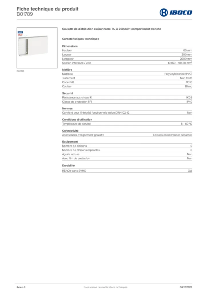 Image Iboco Fiche technique du produit B01789 | Hager France