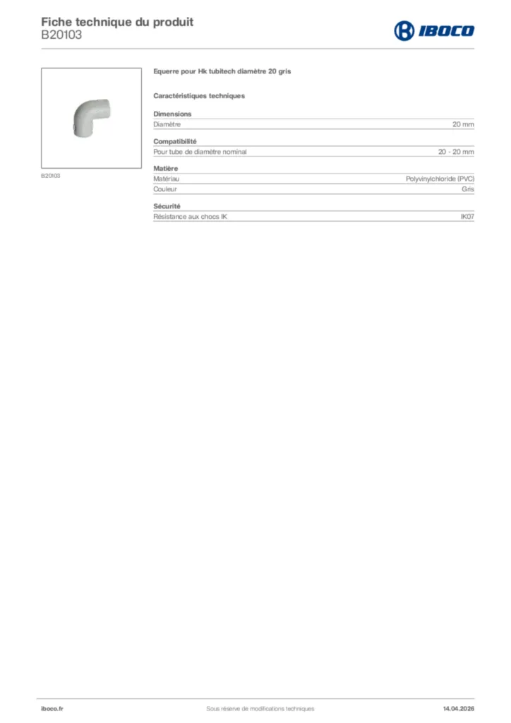 Image Iboco Fiche technique du produit B20103 | Hager France