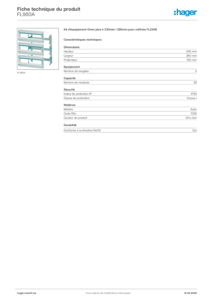 Image Hager Fiche technique du produit FL980A | Hager Belgique