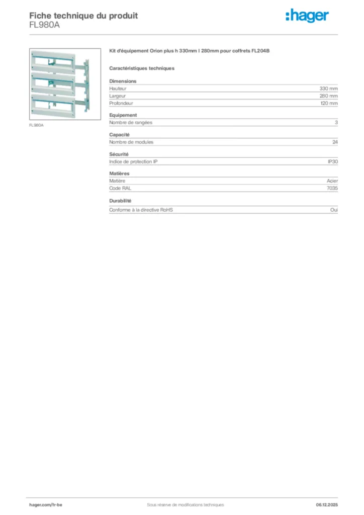 Image Hager Fiche technique du produit FL980A | Hager Belgique