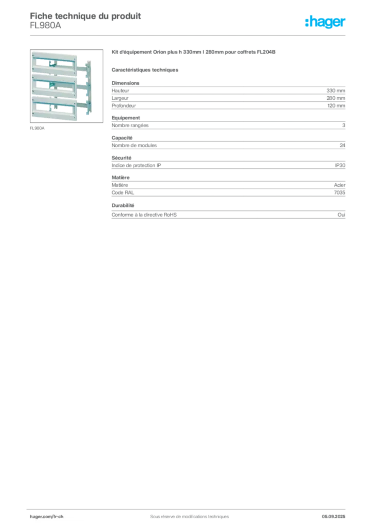 Image Hager Fiche technique du produit FL980A | Hager Suisse