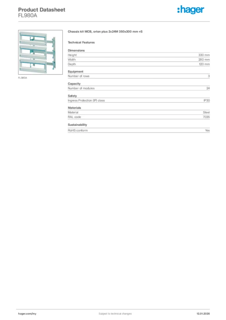 Image Hager Product data sheet FL980A  | Hager