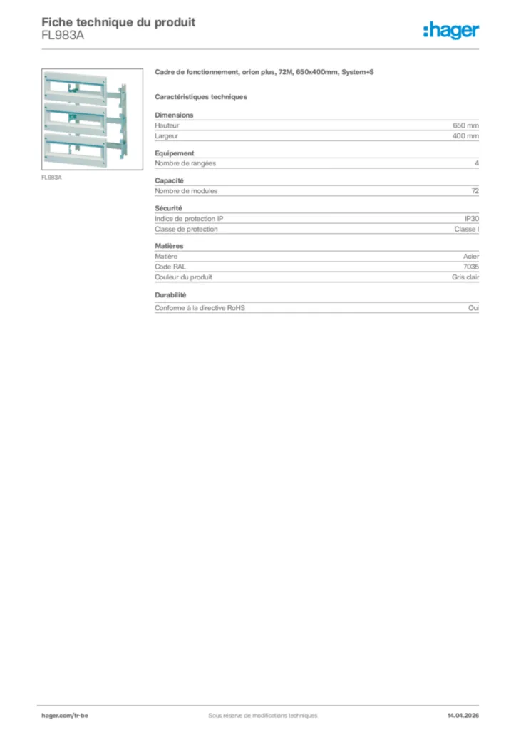 Image Hager Fiche technique du produit FL983A | Hager Belgique