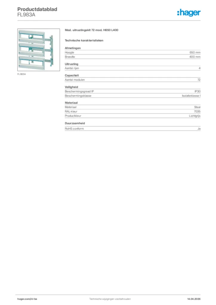 Afbeelding Hager Productdatablad FL983A | Hager Belgium