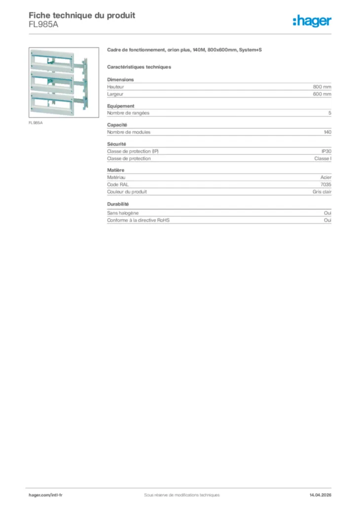 Image Hager Fiche technique du produit FL985A | Hager Afrique