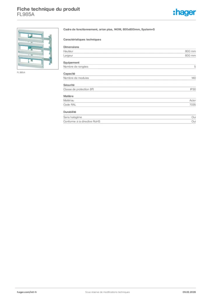 Image Hager Fiche technique du produit FL985A | Hager Afrique