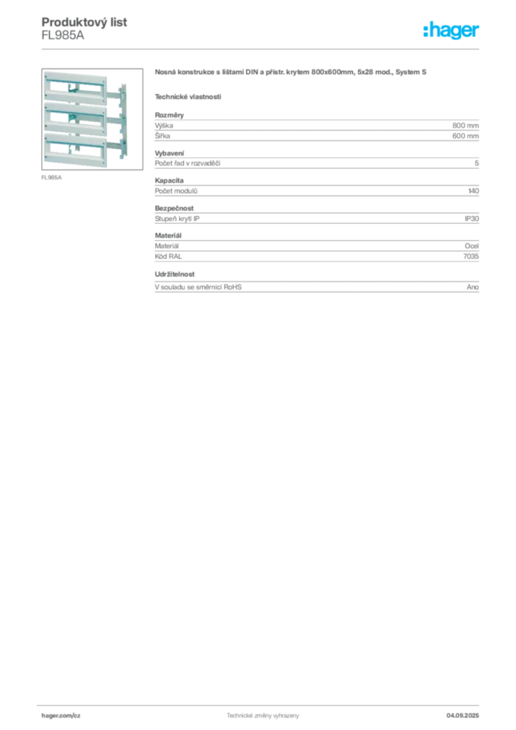 Obrázek Hager Produktový list FL985A | Hager